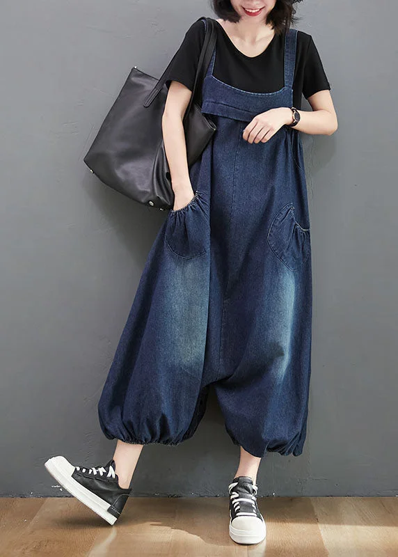 Style Navy Pockets Patchwork Denim Lantern Jumpsuit Summer