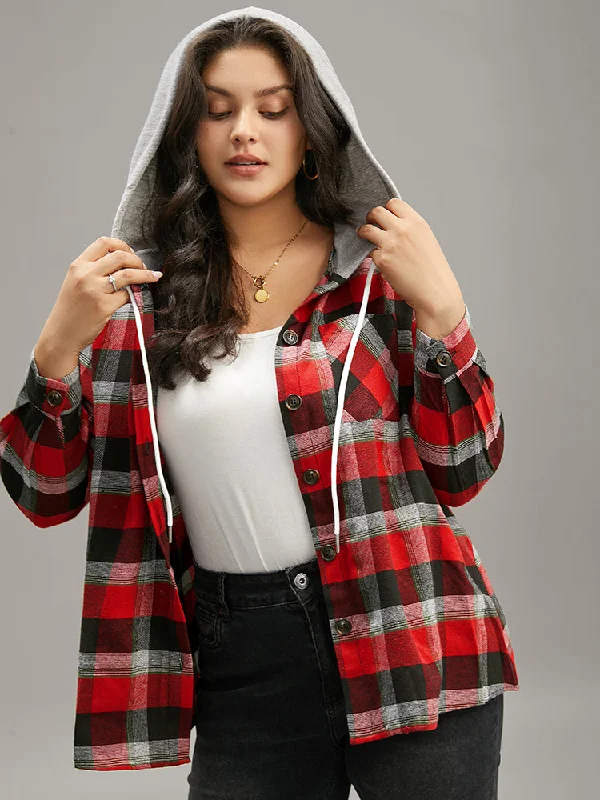 Plaid Patchwork Hooded Drawstring Button Through Jacket