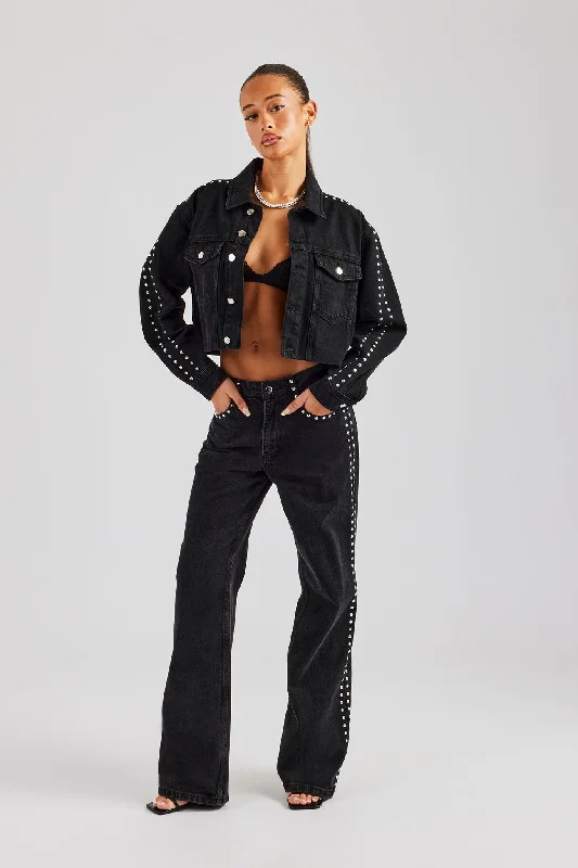 Pearl Stud Cropped Denim Jacket & Flare Jean - Washed Black