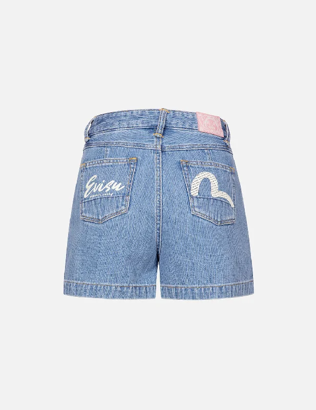 Seagull and Logo Print Fashion Fit Denim Shorts