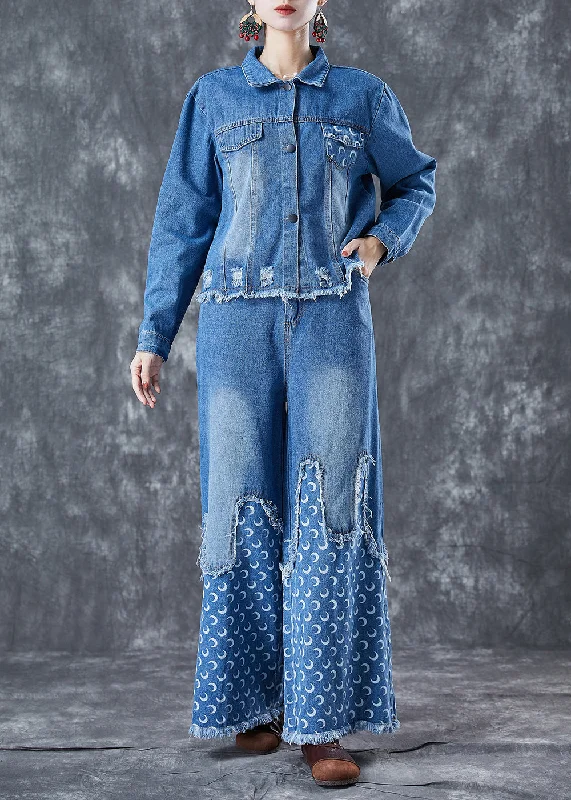 Bohemian Blue Oversized Patchwork Tassel Denim Two-Piece Set Spring