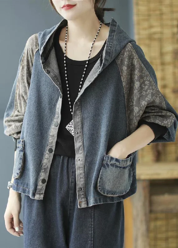 Loose Blue Pockets Print Hooded Denim Coat Long Sleeve