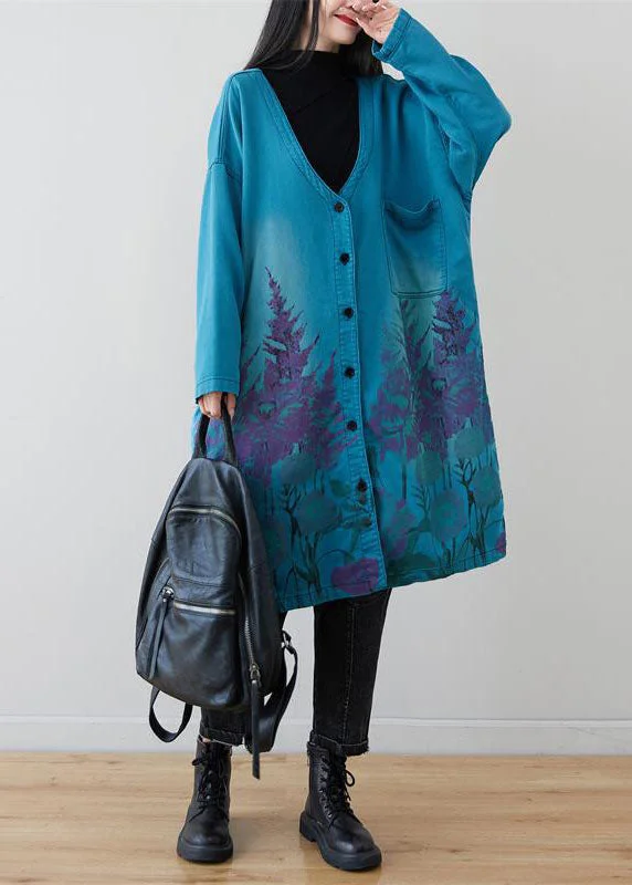 Loose Blue Pockets V Neck Print Coats Spring