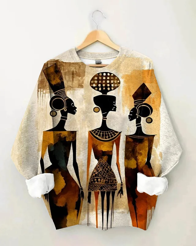 Vintage African Tribal Oil Painting Women Long Sleeve Sweatshirt