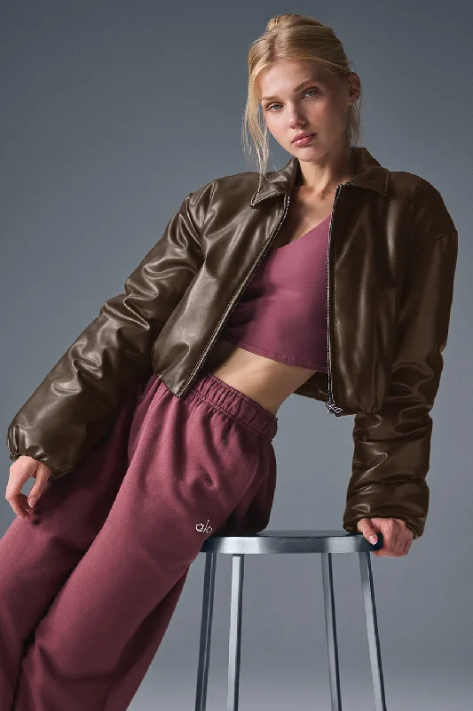 Faux Leather Cropped Premier Bomber - Espresso