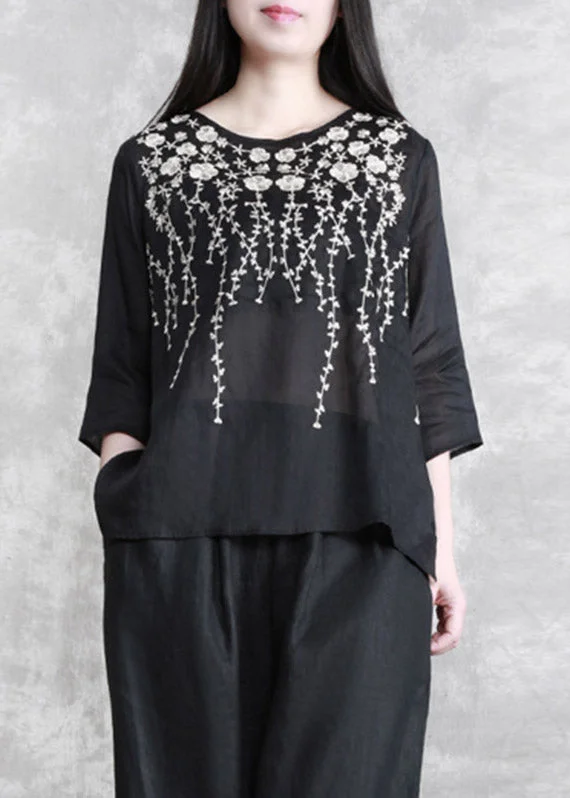 Black Embroideried Floral Linen Top Three Quarter Sleeve