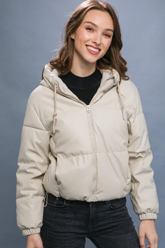 Pu Faux Leather Hooded Puffer Jacket