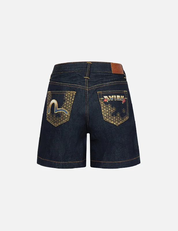 Seagull and Logo Gradated Embroidery Denim Shorts