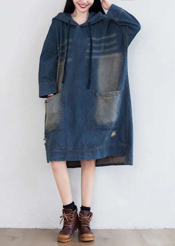 Women Navy Hooded Pockets Patchwork Denim Dresses Spring