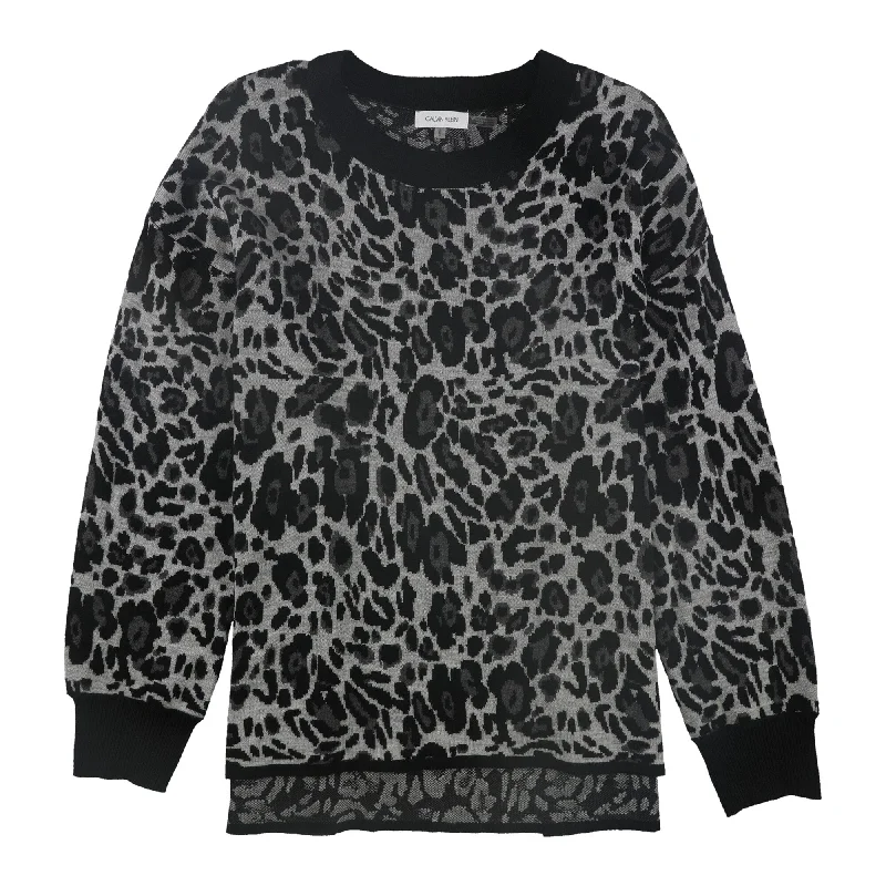 Calvin Klein Womens Leopard Print Pullover Sweater, Grey, Large