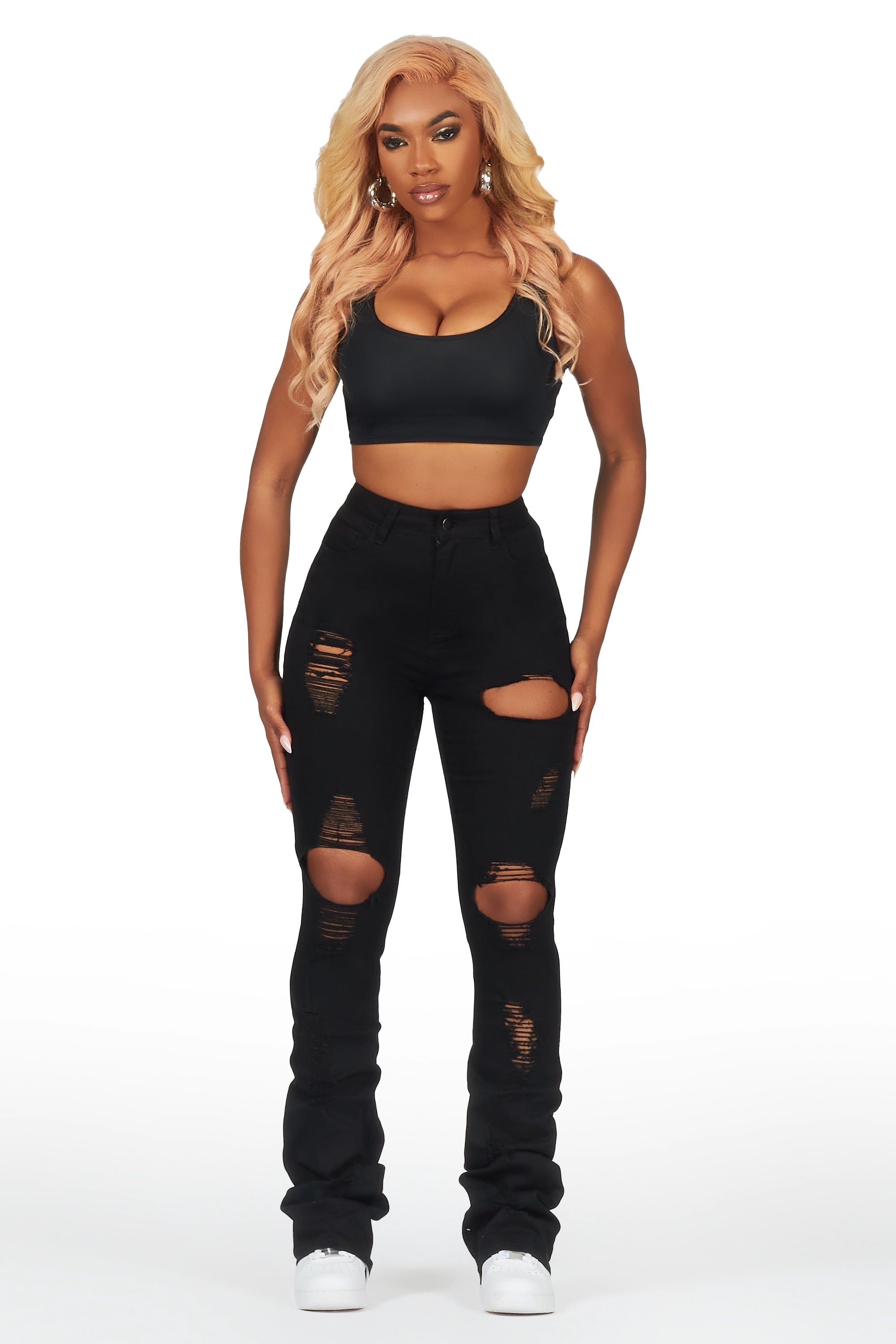 Takasia Black Distressed Super Stacked Jean