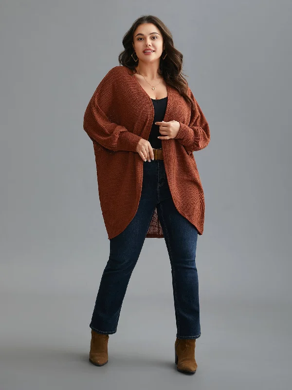 Textured Curved Hem Lantern Sleeve Cardigan