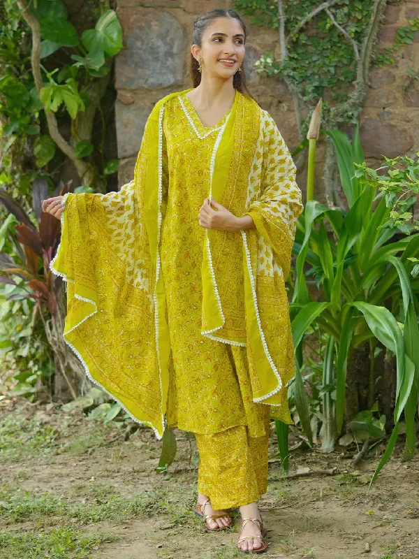 Green Printed Cotton Straight Suit With Dupatta