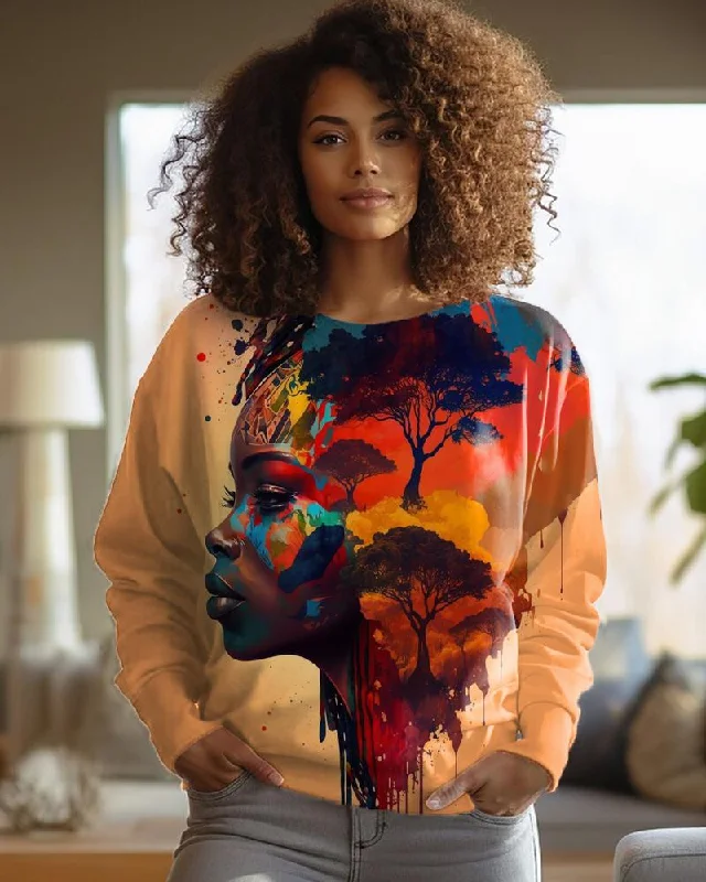 Art Black Colorful Girls' Map Casual Print Round Neck Top