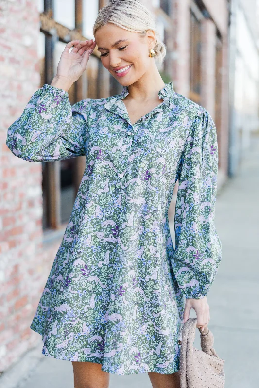 Under The Stars Green Floral Balloon Sleeve Dress