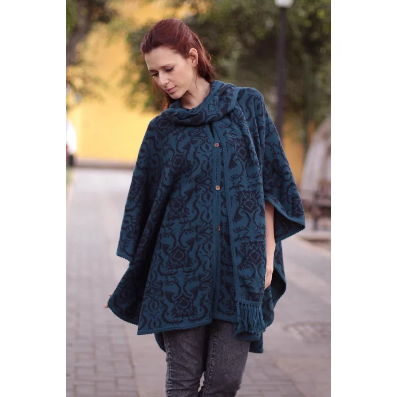 Lima Flora Blue Alpaca Blend Ruana Cloak