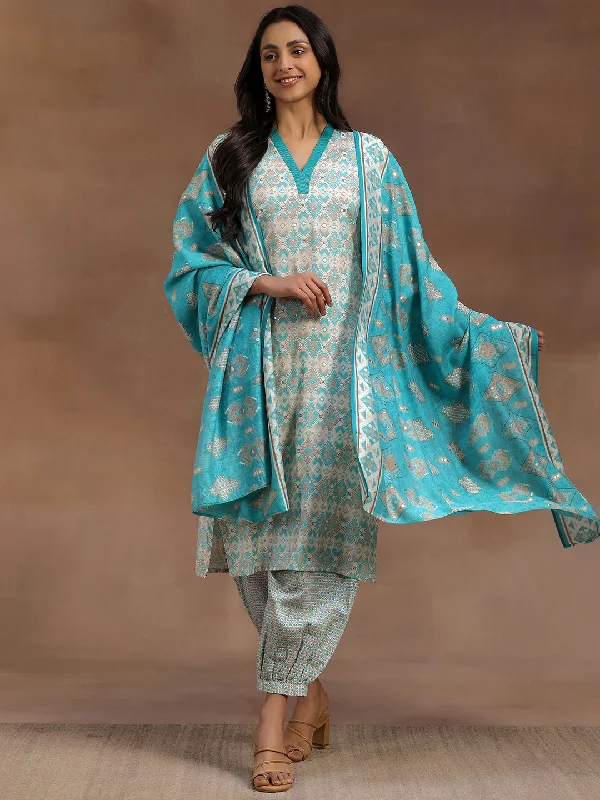 Blue Printed Silk Blend Straight Suit With Dupatta