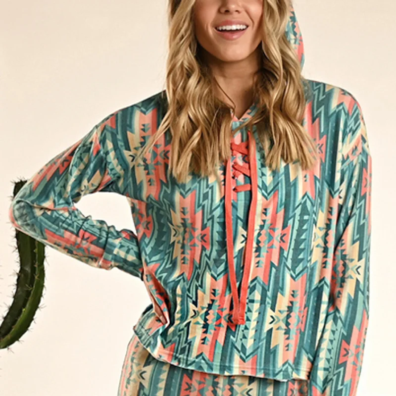 Rock & Roll Women's Turquoise and Peach Aztec Hoodie