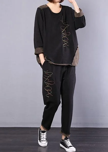 black autumn vintage patchwork tops and casual harem pants two pieces