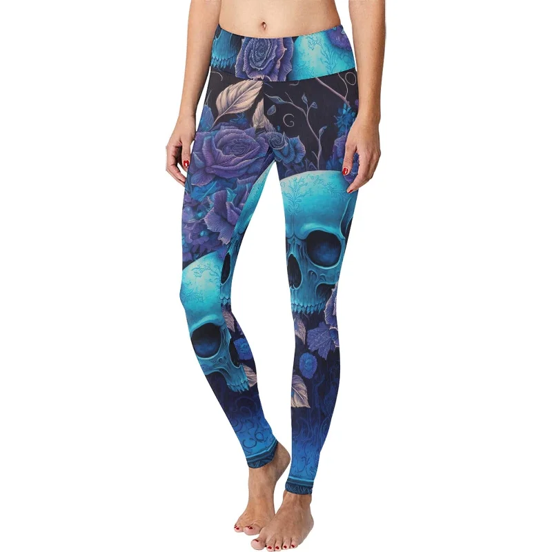 Our Blue Skulls Floral Women's Workout Leggings Are Perfect For Any Activity