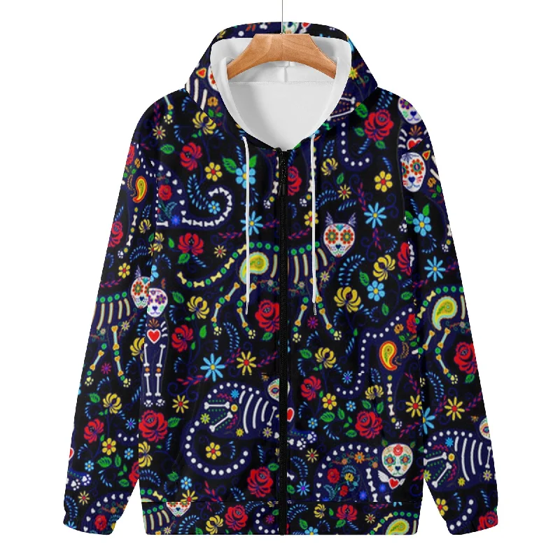 Sugar Skull Cat Print Zip Up Women or Men's Hoodie