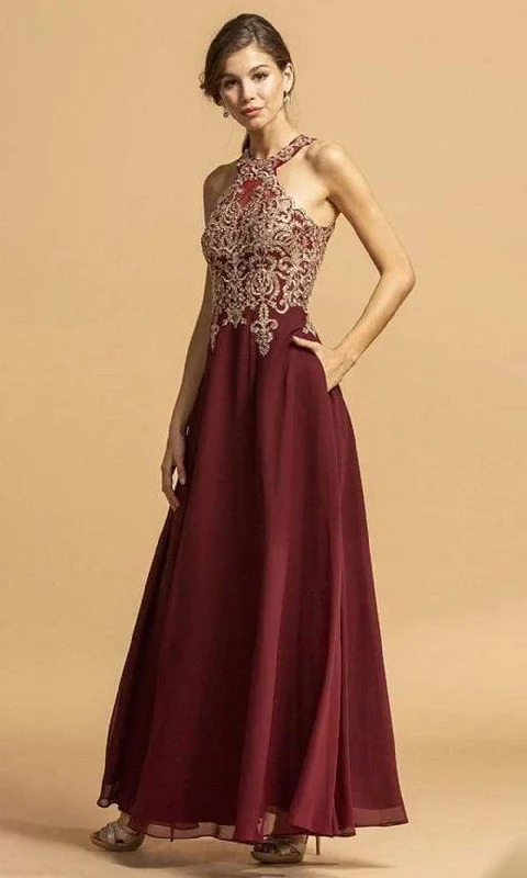 Aspeed Design - L2273 Metallic Applique Halter Chiffon Dress