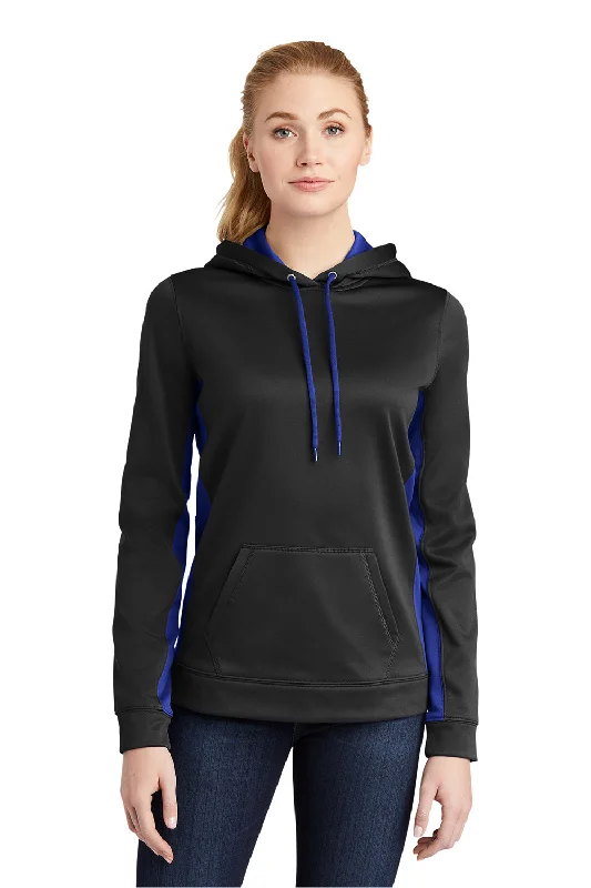 Sport-Tek Womens Sport-Wick Moisture Wicking Fleece Hooded Sweatshirt Hoodie w/ Pouch Pocket - Black/True Royal Blue - Closeout