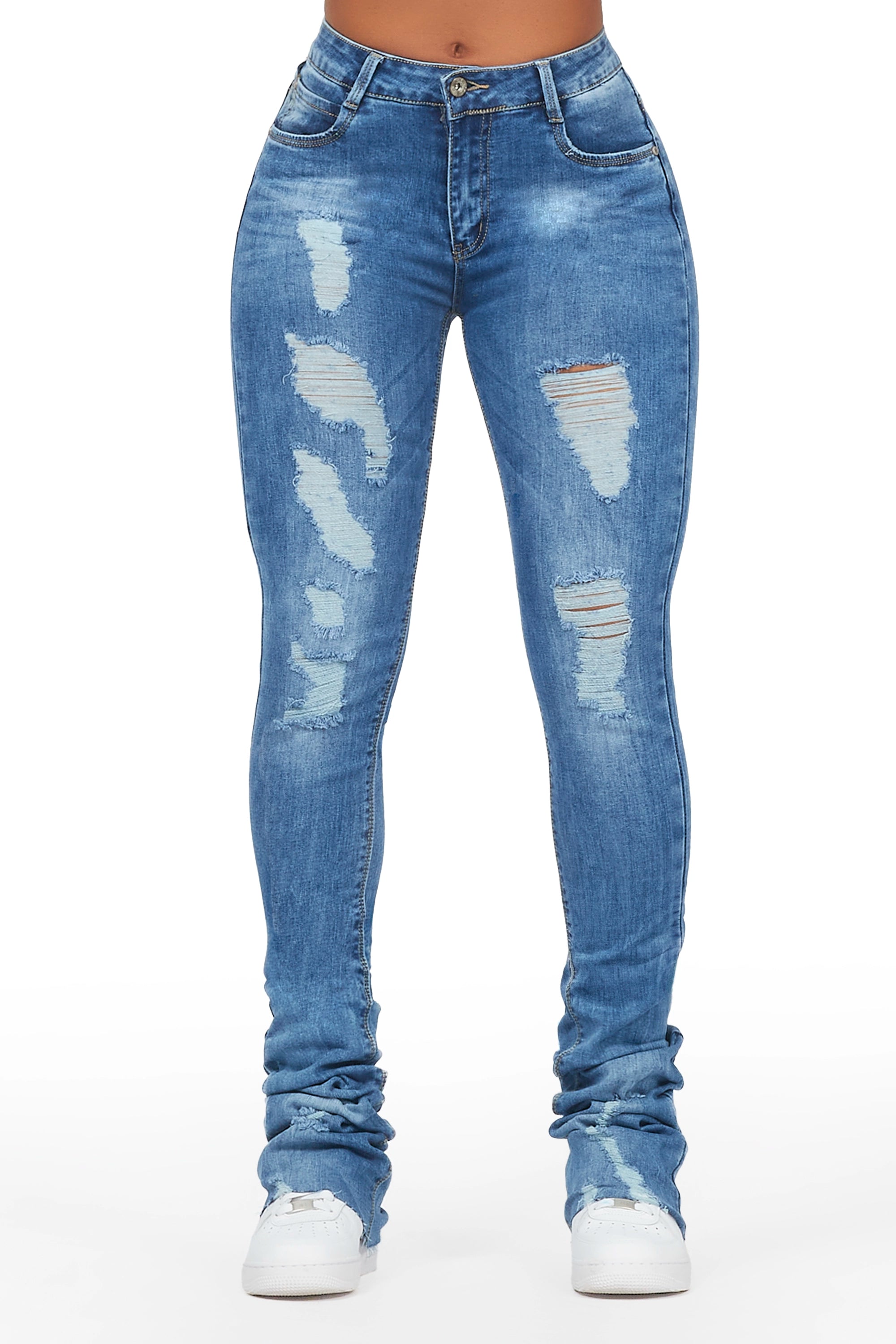 Chantez Med. Wash Distressed Super Stacked Jean