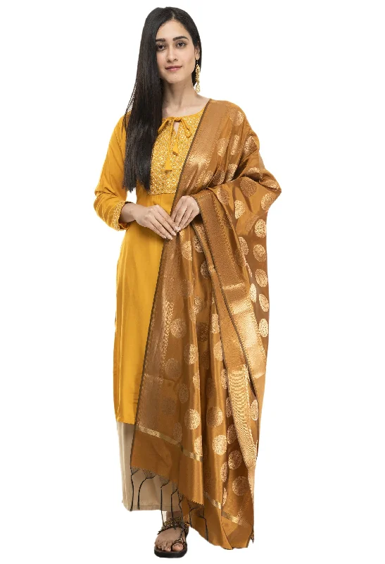 A R Silk Women's Tapeta Silk Zari Work Mustard Banarsi Silk Dupatta ARS0402