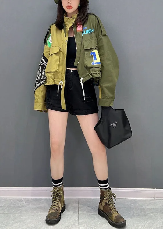 Casual Green Stand Collar Zip Up Patchwork Drawstring Cotton Denim Coats Fall