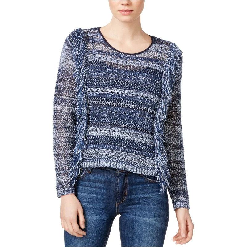 Rachel Roy Womens Printed Fringe Knit Sweater, Blue, Small