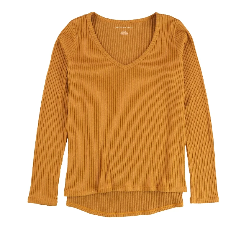 American Eagle Womens Plush V-Neck Ribbed Pullover Sweater, Orange, Small