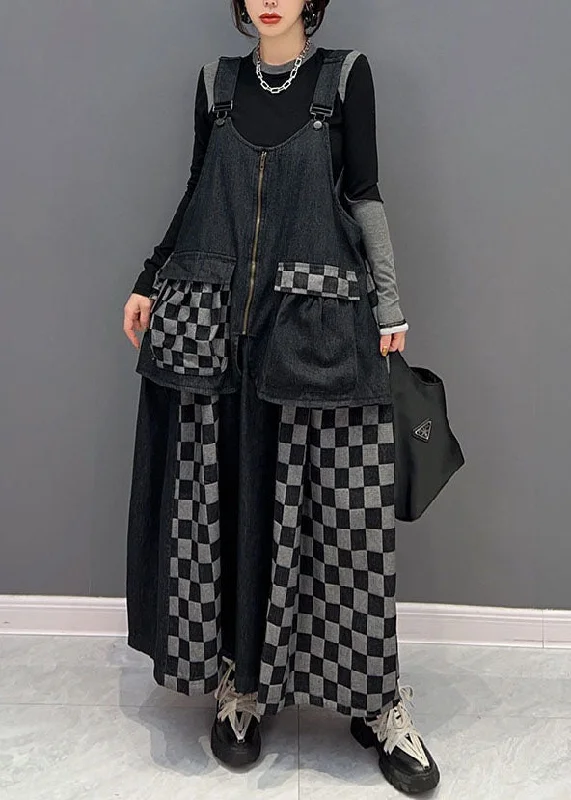 Bohemian Black Patchwork Cotton Denim Strap Dresses Spring