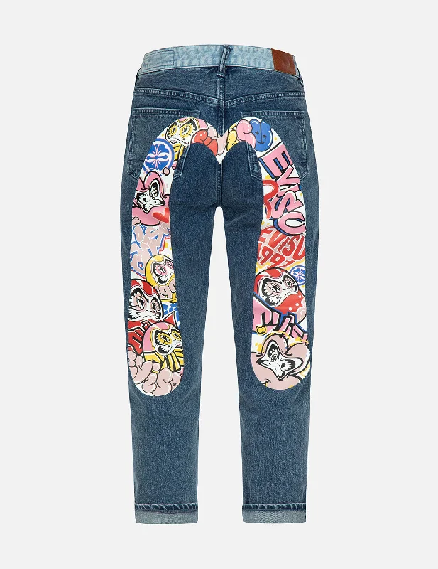 Graffiti Daruma Daicock Print Two-tone Jeans