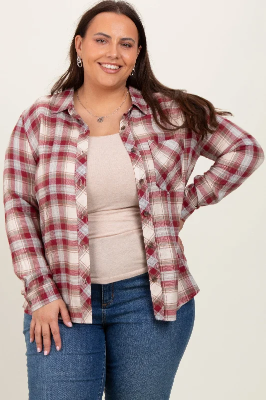 Burgundy Flannel Plaid Button Up Top