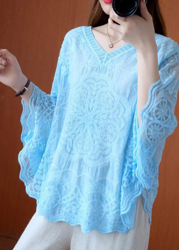 Blue Loose V Neck Summer Bat wing Sleeve Shirts