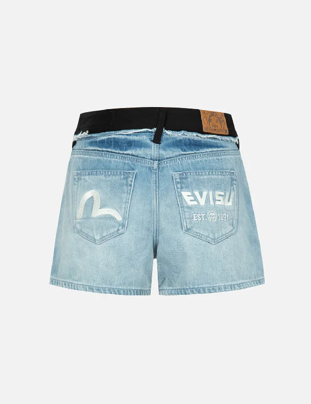 Seagull and Logo Embroidery Reconstructed Denim Shorts