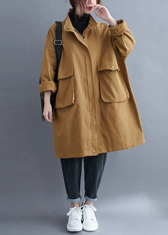 Elegant Khaki Zip Up Pockets Cotton Spring Coat