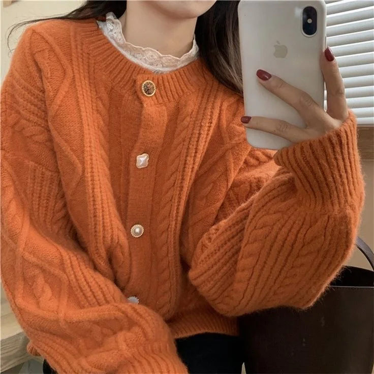 Vintage Women Cardigan Sweater 2023 Sweet Autumn Winter Fashion O-Neck Elegaht Long Sleeve Casual Loose Warm Knitted Sweaters     S2775