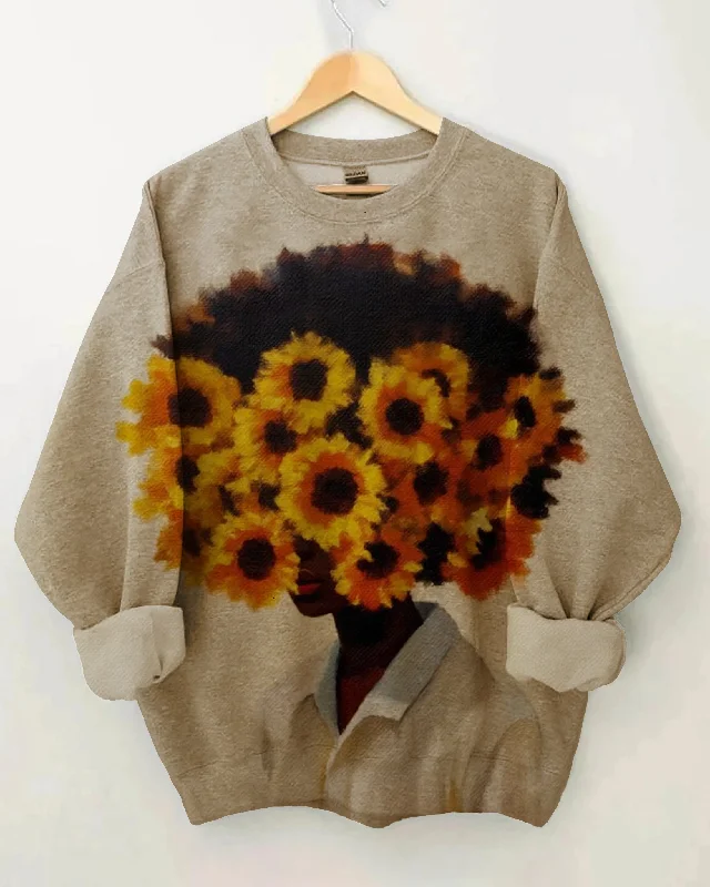 Brown Women Sunflower Long Sleeve Sweatshirt