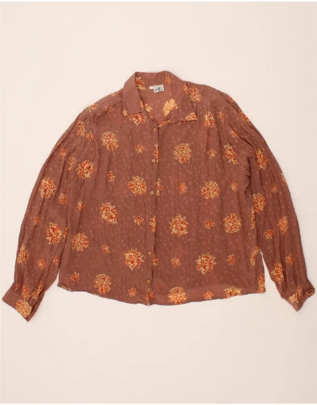 VINTAGE Womens Shirt Blouse IT 52 2XL Brown Floral Silk