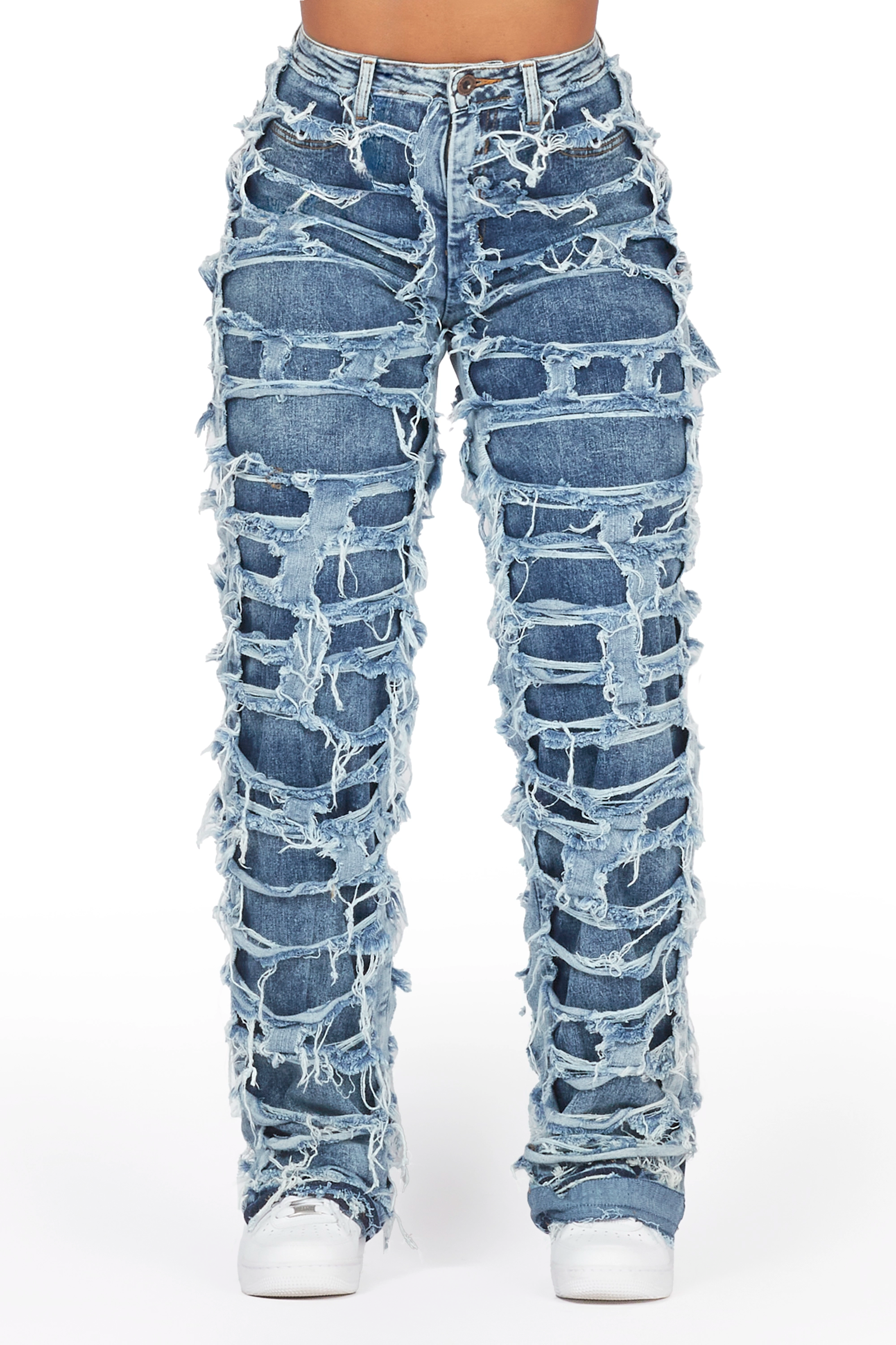 Jaidyn Med. Wash Shredded Wide Leg Jean