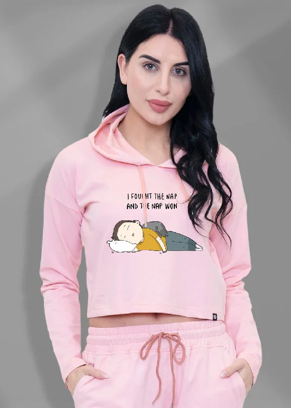 I Faught Nap Time Millenial Pink Cropped Hoodie For Women | Pronk