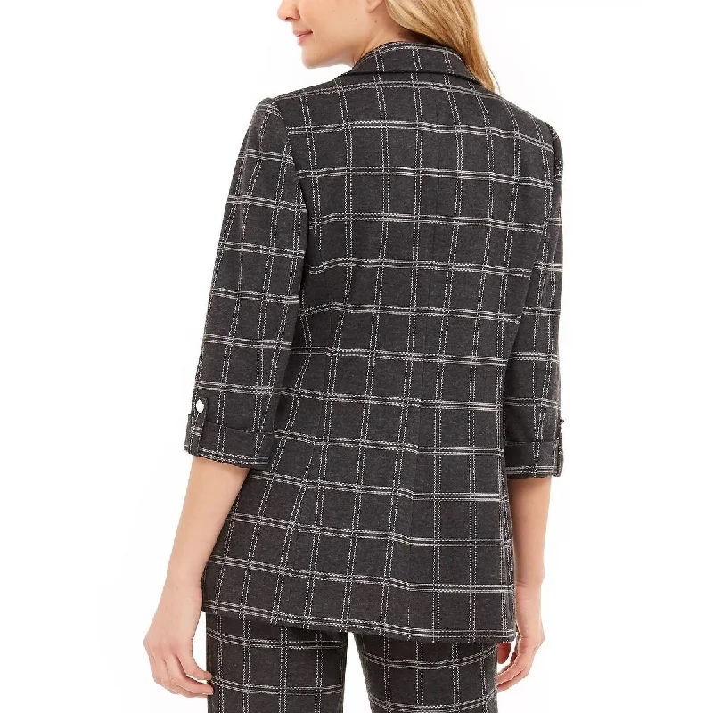 Calvin Klein Women's Plaid Open-Front Blazer Silver Size 0