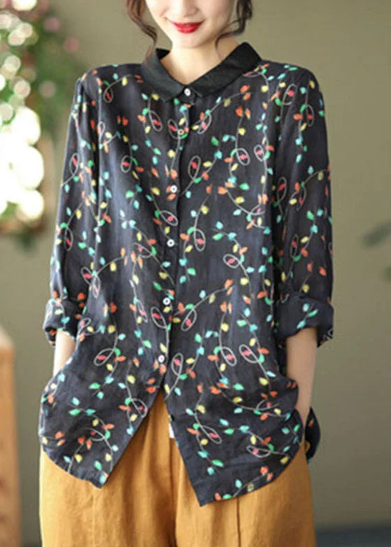 Black Floral Ramie Loose Blouse Top Peter Pan Collar Long Sleeve