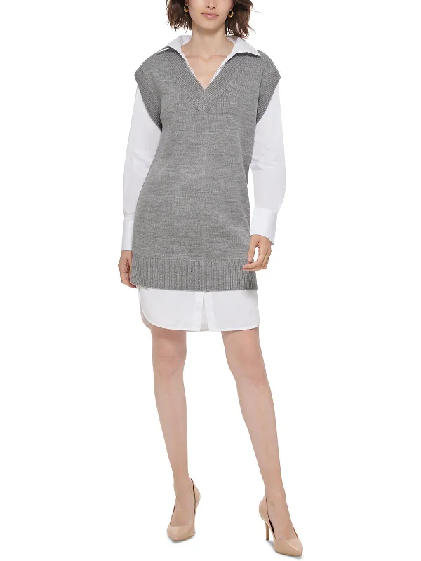 Petites Womens Layered Look Mini Sweaterdress