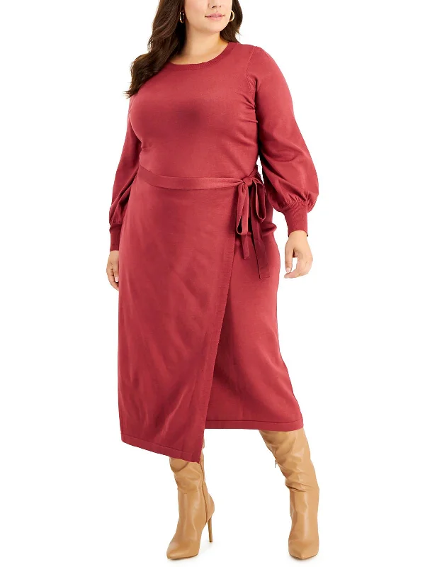 Plus Womens Faux Wrap Long Sweaterdress